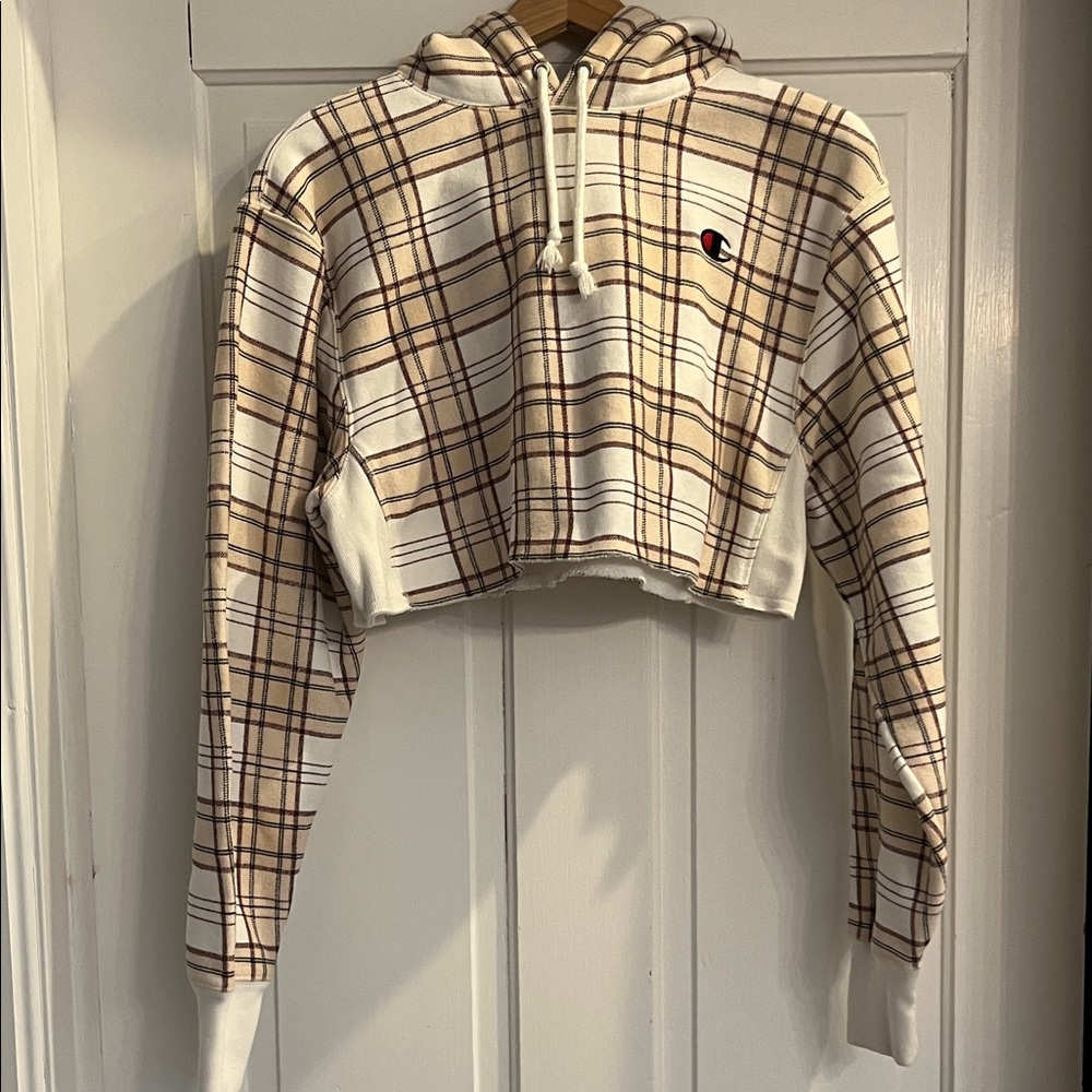 Champion Women's Cropped Plaid Hoodie - Tan and White
